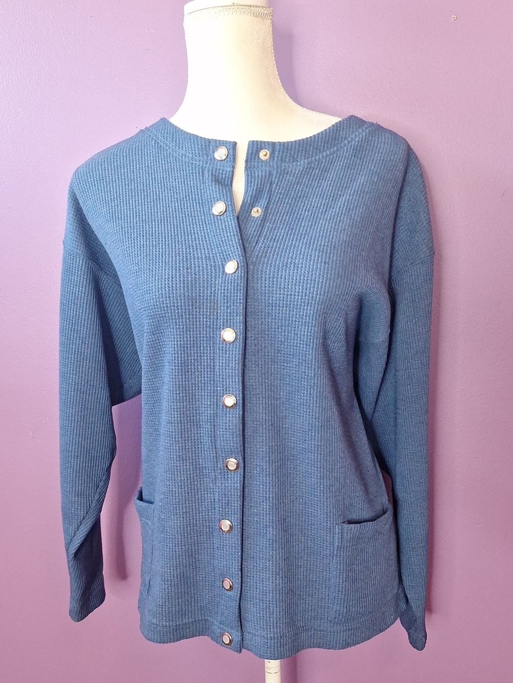 Venezia Dusty Blue Waffle-Knit Button Front Cardigan